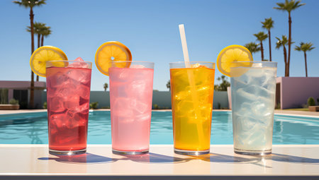 Refreshing multi-colored cocktails by the pool, close-up.の素材