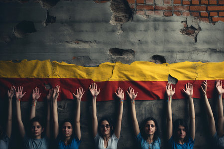 Womens hands up on the background of a brick wall with a flagの素材