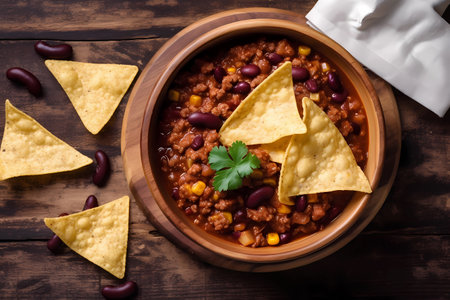 chili con carne in a bowl with tortilla chips.の写真素材