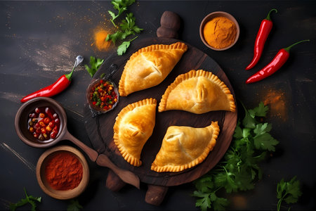 Colombian empanadas with hot chili and spices on a black background.の写真素材