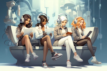 Four student girls in headphones and with tabletsの素材