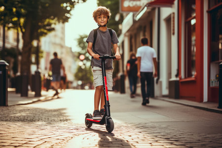a boy rides an electric scooter.の素材