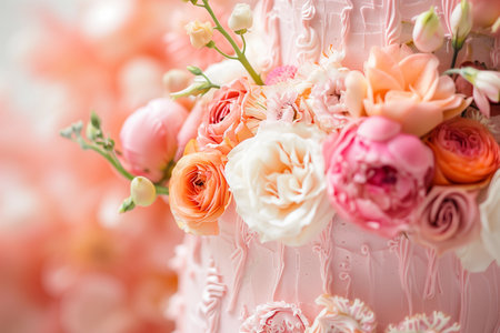 peach-colored holiday cake with flower decoration.