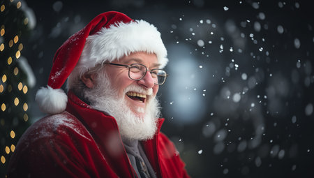 Santa Claus joyfully laughing in a snowy setting, wearing glasses and a red and white outfit during a festive winter sceneの素材