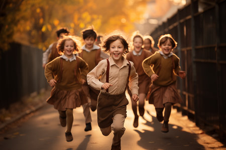 Cheerful children in school uniforms joyfully running toward class on a beautiful autumn morning