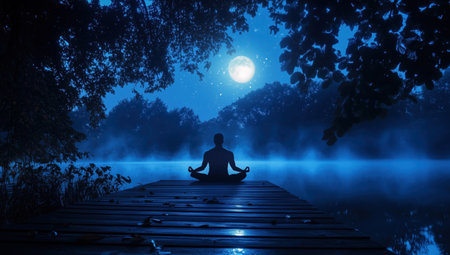 A man sits in a lotus position at the end of a wooden dock, meditating peacefully. The moonlight filters through the trees, casting a calming blue glow on the lake and surrounding mist.の素材