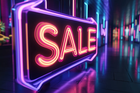 Beneath a canopy of neon lights, a striking SALE sign radiates brilliance, guiding shoppers through a dynamic digital marketplace filled with modern trends and enticing deals.の素材