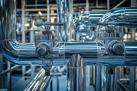 A maze of gleaming metallic pipes winds through a contemporary industrial space, showcasing intricate valves and connectionsの素材