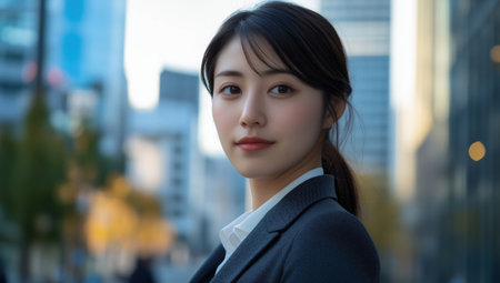 Dressed in stylish business attire, a young Japanese woman stands poised amidst a dynamic city backdrop, exuding professional confidence and ambition during a sunny afternoon.の素材