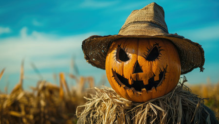 In a golden harvest field, a sinister scarecrow with a carved pumpkin head looms ominously, keeping watch as the sun setsの素材