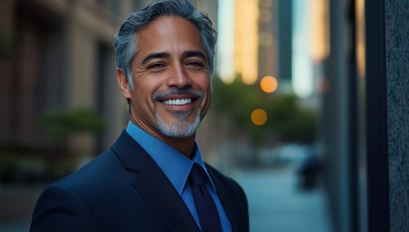 A confident businessman with a charming smile stands in a vibrant city. The sunlight reflects off the buildings, creating a lively atmosphere that showcases his successful, professional demeanor.の素材