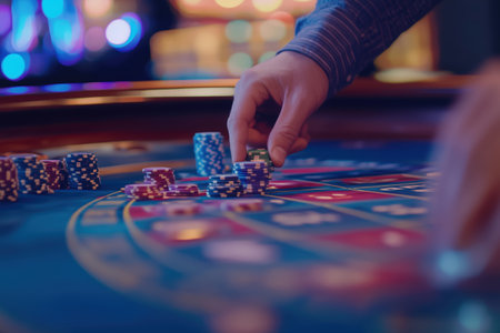 A person carefully places colorful chips on a roulette table, surrounded by a lively casino ambiance. The air is charged with anticipation as others look on, eager to see the outcome.の素材