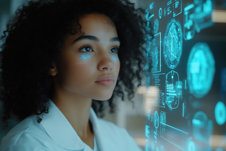 A young woman in a white coat gazes thoughtfully at projected holographic data displays. Her focused expression suggests a deep engagement in complex analysis within a modern scientific environment.の素材