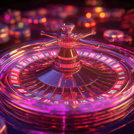 The mesmerizing roulette wheel catches the eye with its glass texture and radiant colors, spinning amidst a lively casino environment filled with excitement and anticipation.の素材