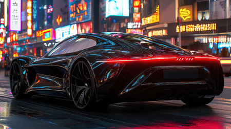 An advanced electric hypercar showcases its aerodynamic design under the glow of neon city lights at night, emphasizing modern technology and urban ambiance. The streets are alive with vibrant colors.の素材