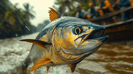 A powerful tuna leaps from the water, demonstrating its might while being skillfully caught by fishermen. The tranquil setting contrasts with the thrilling moment of the catch.の素材
