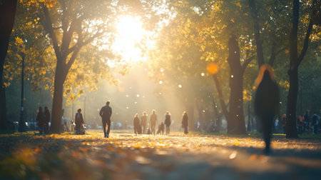 Amidst the warm hues of sunset, people wander along a leafy path, surrounded by trees. Soft sunlight bathes the scene in a golden glow, creating a peaceful atmosphere for evening strolls.の素材