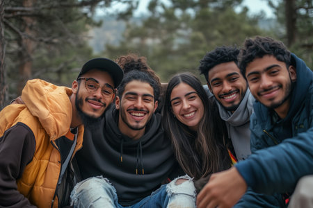 A lively group of five friends sits together outdoors, sharing smiles and laughter amidst a backdrop of trees, capturing a moment of connection and happiness in nature.の素材