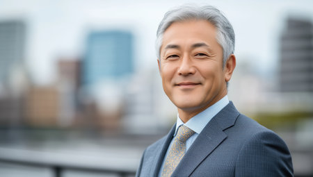 A well-dressed middle-aged Japanese man stands confidently by the riverside, smiling with the city skyline behind him on a clear day, exuding professionalism and charisma.の素材
