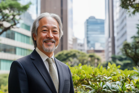 In a bustling cityscape, a middle-aged Japanese man in business attire stands proudly amidst lush greeneryの素材