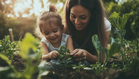 In a sunlit garden, a mother and her young daughter kneel together, planting seeds in rich soil. Their smiles reflect the joy of nurturing new life as they embrace the beauty of gardening.の素材