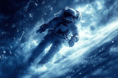 In the depths of space, an astronaut navigates effortlessly through a swirling galaxy, surrounded by dazzling stars and cosmic light. The scene captures the tranquility and mystery of the universe.の素材