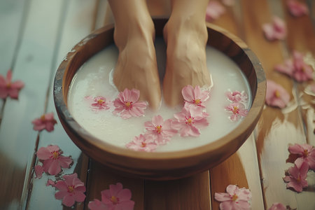 Relaxation takes center stage as well-groomed feet gently soak in a wooden bowl filled with water and delicate pink blossoms. A calming ambiance enhances the tranquil setting.の素材