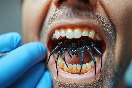 In a unique dental visit, a man opens wide in the chair, revealing an unusual encounter with a giant spider nestled among his teeth, stirring curiosity and surprise during the check-up.の素材
