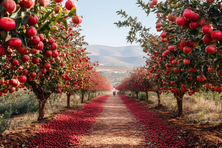The lush orchard brims with ripe pomegranates, their vibrant red hues creating a stunning landscape. Harvesters work amidst the trees, collecting nature's bounty in this picturesque Israeli setting.の素材