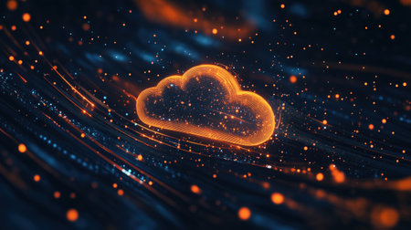 A captivating glowing cloud icon floats against a dynamic backdrop of swirling light particles, creating a mesmerizing visual experience. The energy radiates innovation and technology.の素材