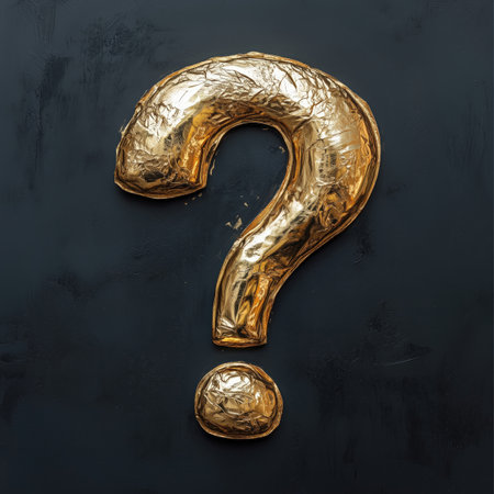 The glossy gold question mark captures attention against the contrasting dark white backdrop, evoking intrigue and wonder. Its unique design prompts viewers to ponder the unknown.の素材