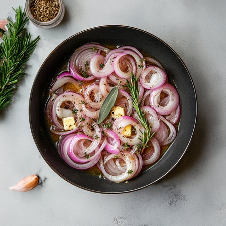 Brightly colored sliced onions are artistically arranged in a dark bowl, surrounded by fresh herbs and spices. The ingredients promise a flavorful culinary adventure, perfect for enhancing any dish.の素材
