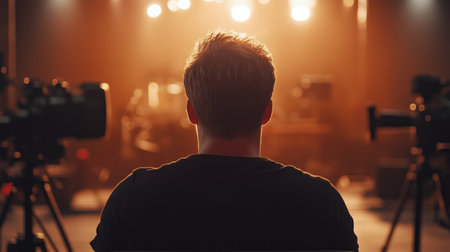 A man with short hair sits quietly in a movie studio, his back to the viewer, surrounded by cameras. The warm glow of stage lights creates an immersive atmosphere, hinting at creative anticipation.の素材