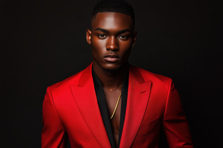 An attractive young man stands confidently in a striking red suit, showing his radiant skin and gold accessories. The soft lighting accentuates his stylish look, creating a captivating atmosphere.の素材