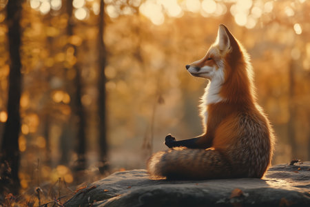 In a serene natural setting, a red fox sits gracefully in a meditative pose surrounded by vibrant autumn foliage, embodying peace and tranquility amidst the seasonal changes.の素材