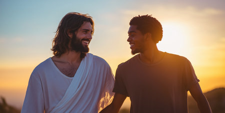 Against a stunning sunset, Jesus and a smiling young man walk arm in arm, sharing joy and warmth, embodying friendship and unity in a beautiful outdoor setting.の素材