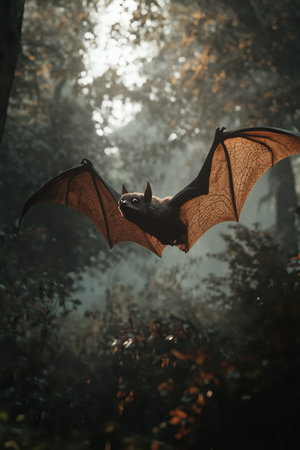 A magnificent bat gracefully glides through a shadowy forest, its wings outstretched as it navigates through the enchanting twilight mist. The atmosphere is thick with mystery.の素材