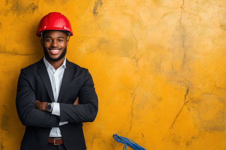 A male model confidently poses in a business suit while sporting a red construction helmet. Thick electrical wires sparkle around him, creating a lively and colorful atmosphere.の素材