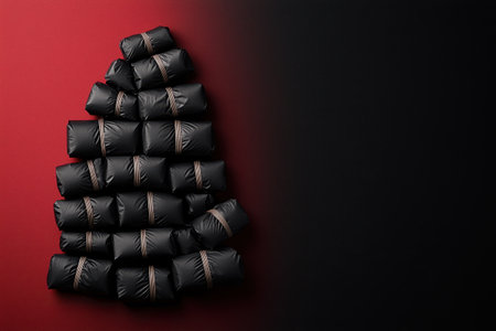 This artistic arrangement features a sleek Christmas tree made entirely of neatly stacked gift boxes wrapped in matte black kraft paper, set against a warm gradient backdrop.の素材