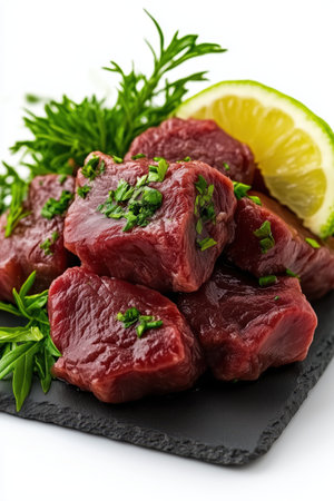 A vibrant display of freshly cut meat, artfully arranged with green herbs and slices of lemon on a dark slate background, showing a blend of colors and textures in a culinary setting.の素材