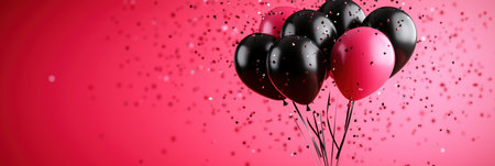 A collection of black and pink balloons hovers in mid-air, contrasting brightly with the pink backdrop, while glimmering confetti adds a festive touch to the lively atmosphere.の素材