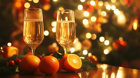 Two elegant glasses filled with sparkling drink sit on a wooden table surrounded by fresh oranges, creating a warm and inviting atmosphere illuminated by twinkling holiday lights.の素材