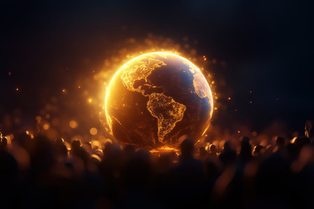 Attendees from diverse backgrounds engage in a joyful celebration around a radiant globe, highlighting cultural exchange and unity in a lively atmosphere filled with creativity and connection.の素材