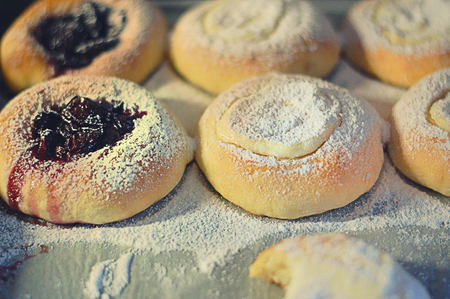 fresh sweet buns with jam and curd, just out of oven, for kidsの写真素材
