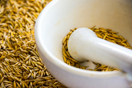 oats in mortar, crushing grain, wheat, rye, for spring sowing, healthy nutrition conceptの写真素材
