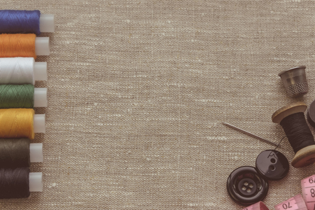 composition of seamstress, tailor, sewing thread and for knitting, copy spaceの写真素材