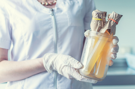hands with test tubes in the laboratory to study viruses and microbes. selective focusの写真素材