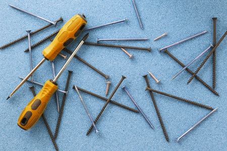 Men's work. The repair tools are on the table. The concept of housework, workshop. Close-up.の写真素材