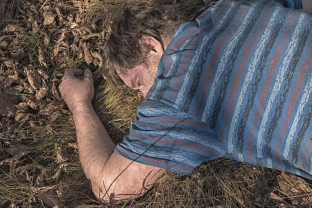 the corpse of an adult homeless man was found using a drone in the forest during aerial photography to search for missing people.の写真素材