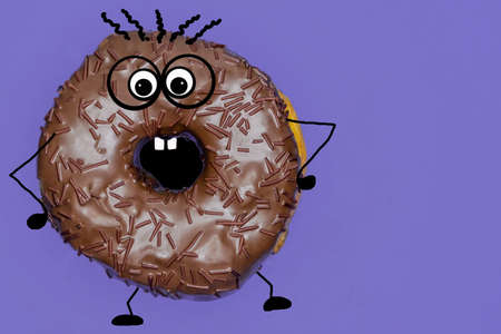 Crazy donut with chocolate icing on a lilac background with painted body parts. Bitmap drawing. Place for the inscription.の写真素材